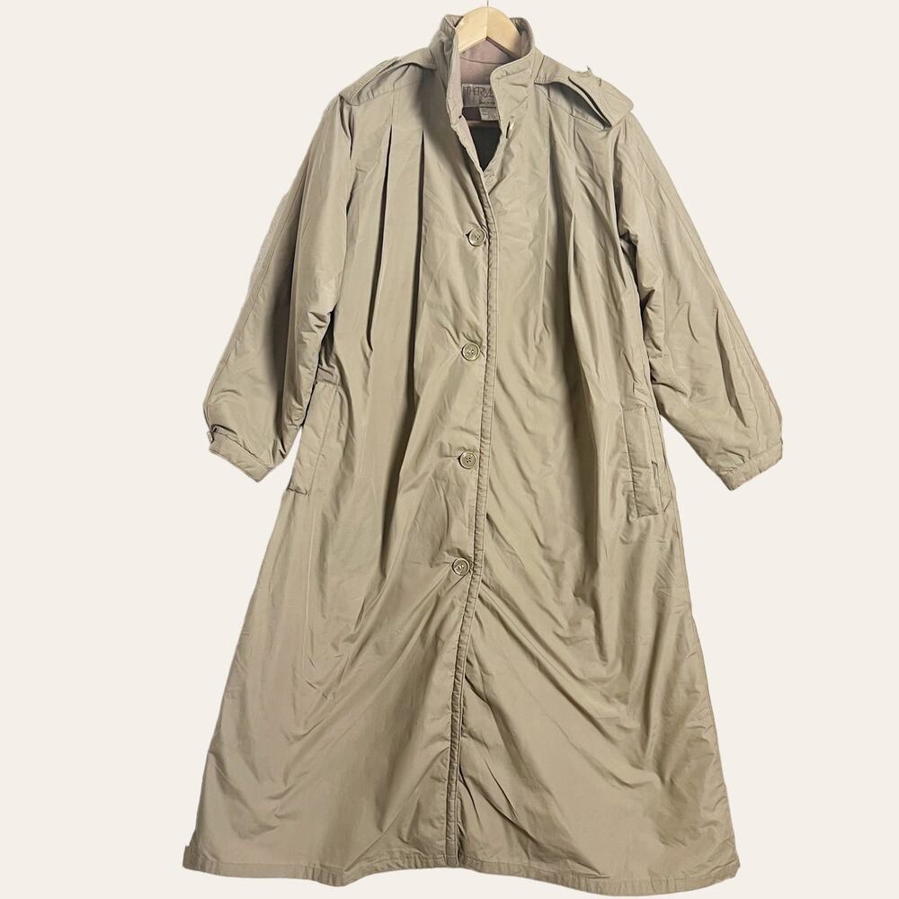 Vintage Thermaster Khaki Wool Insulated Long Winter Trench Coat Size 6